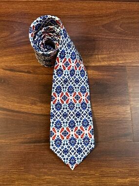 FOX & Chave 100% Silk Blue and Red Floral Geometric Tie